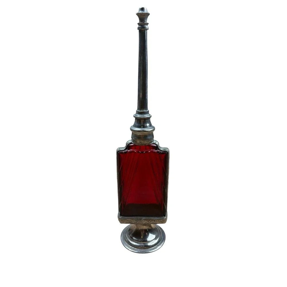 Vintage Moroccan Rosewater Sprinkler Bottle – Ruby Red Glass Silver Tone 10